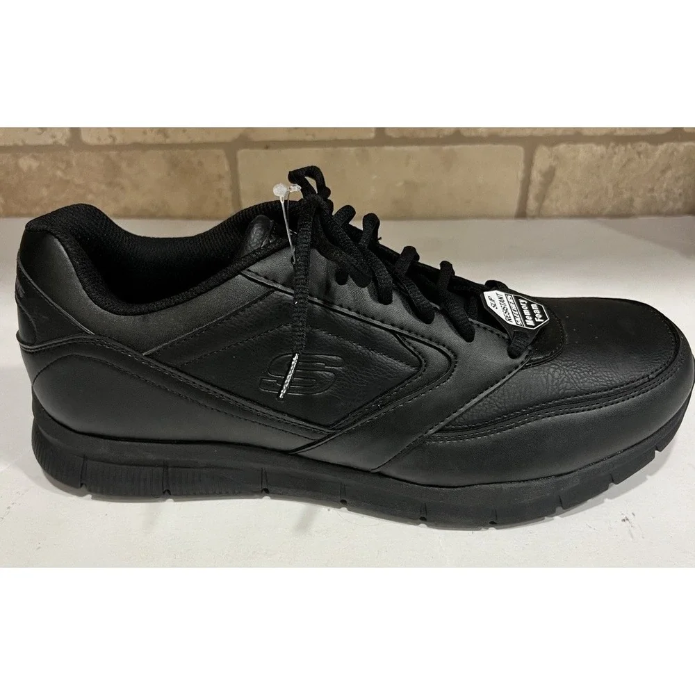 New Skechers Work 77156 Memory Foam Slip Resistant Black Lace Shoes Size 13 Wide